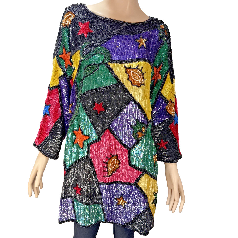 Vintage Judith Ann Creations Heavily Sequin Beaded Patchwork Top Size 1X Silk